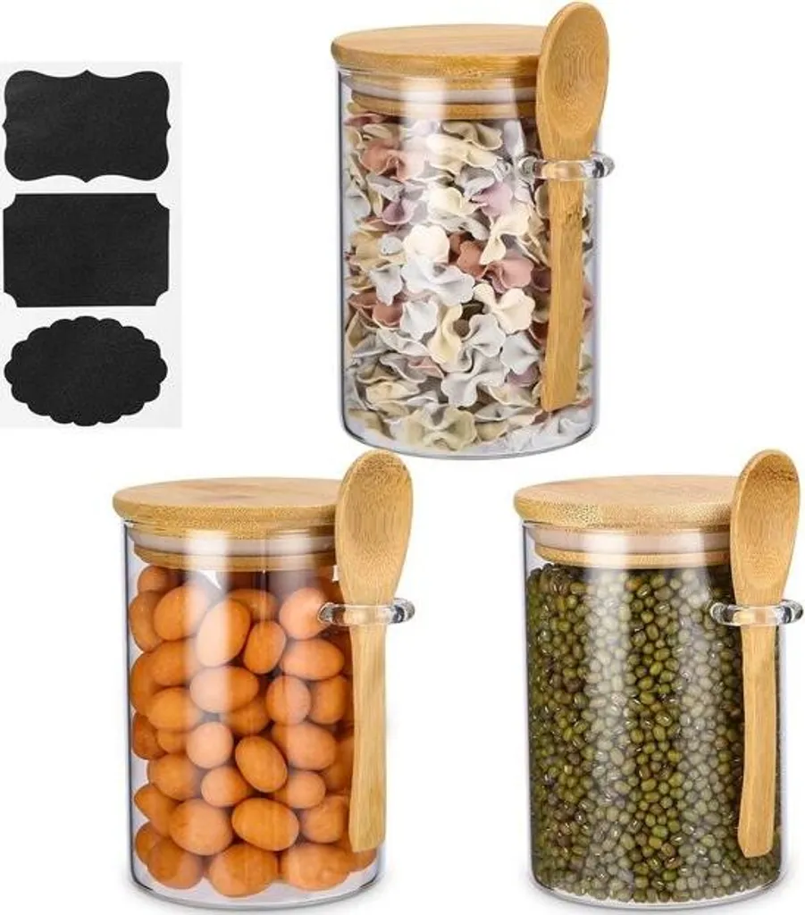 Set 4 Barattoli Vetro 450ml Con Coperchio Bambù, Cucchiaio E Base In Silicone – Per Caffè, Zucchero, Spezie, Legumi - 5
