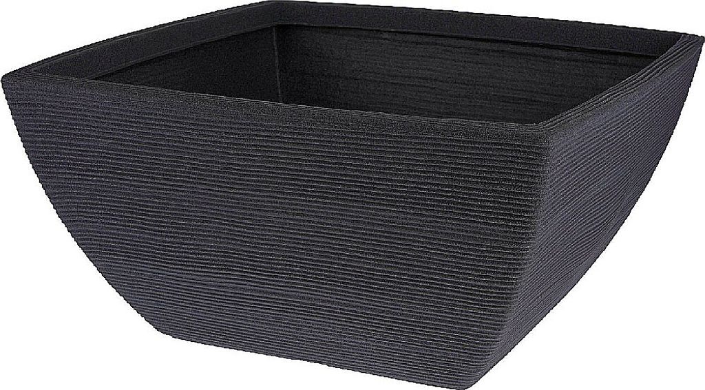 A dark gray square planter with a textured surface.