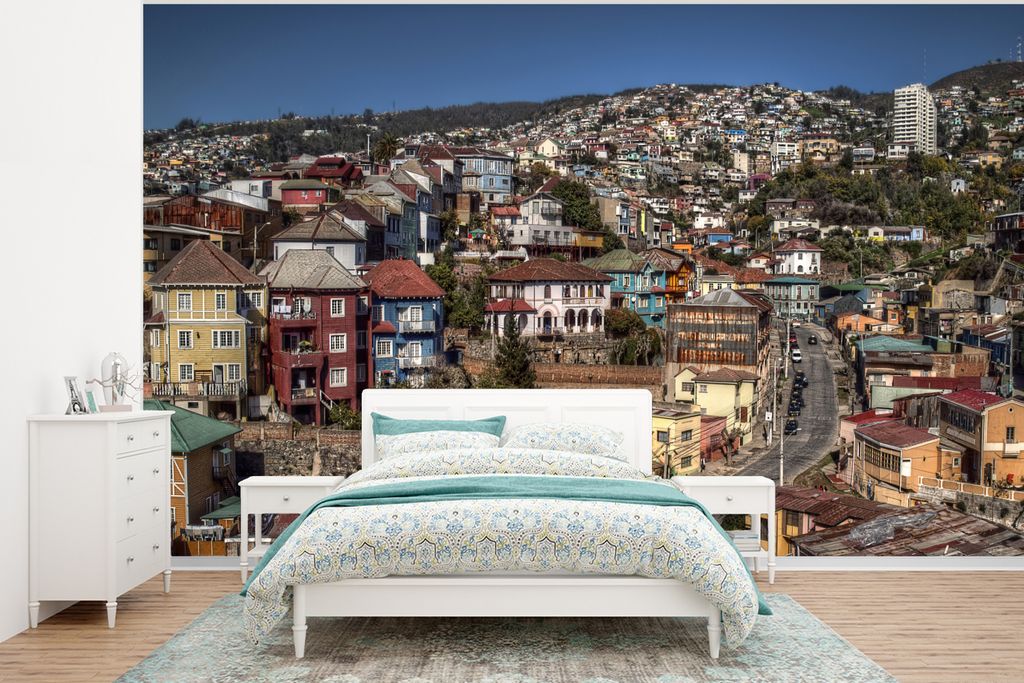 MuchoWow Fototapete für Wohnzimmer oder Schlafzimmer Wandtapete Vinyl Motivtapete Skyline von Valparaiso - 350x260 cm - Wohnzimmer-Tapete