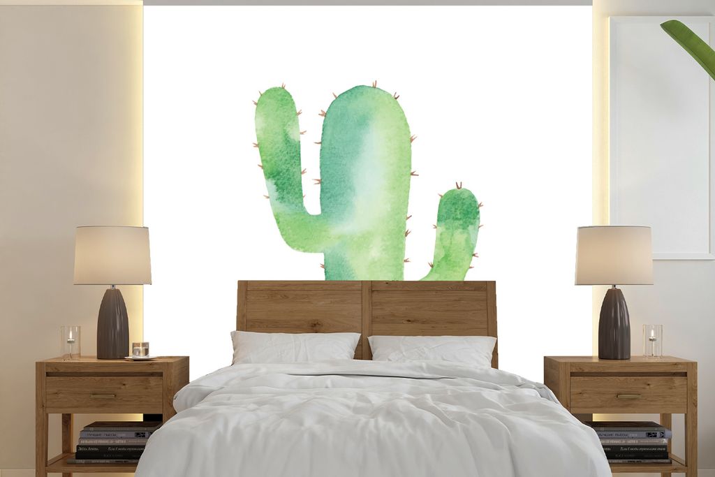MuchoWow Fototapete für Wohnzimmer oder Schlafzimmer Wandtapete Vinyl Motivtapete Aquarell - Kaktus - Illustration - 350x350 cm - Schlafzimmerta...