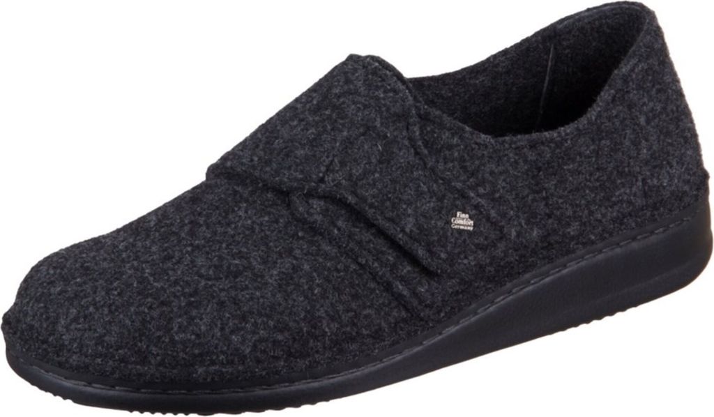 A single dark gray slipper is shown against a white background.
