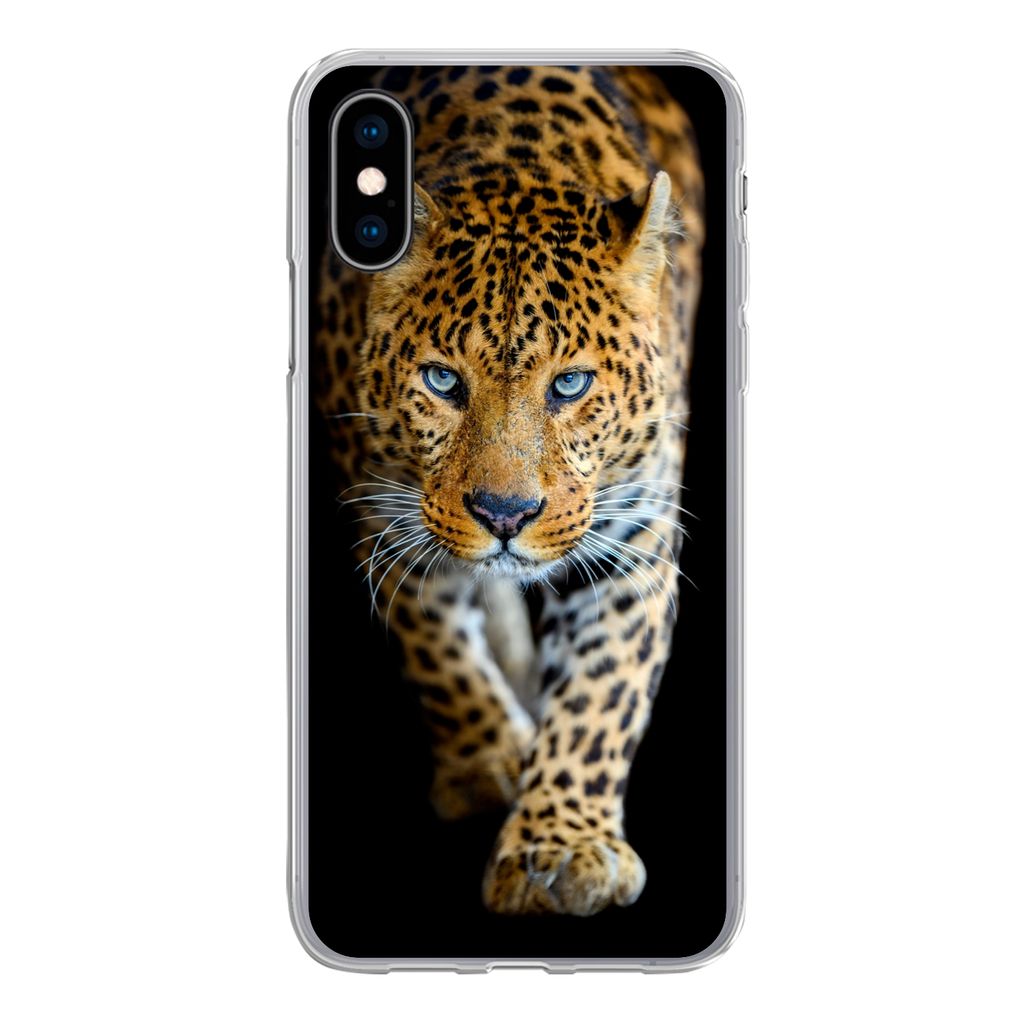 MuchoWow Handyhülle Schutzhülle Hülle für iPhone X Leopard - Tiere - Porträt - Wildtiere - Schwarz Silikon Softcase Handy Hülle - Handyhülle