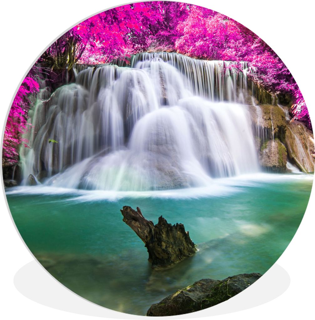MuchoWow Rundes Wandbild - Runde Bilder Wasserfall - Rosa - Bäume Ø 60 cm Kreis Wanddekoration Kunststoff - Wandkreis - Wandschmuck - Wand Krei...