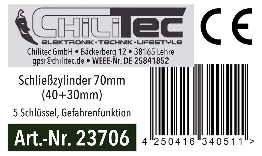 Schließzylinder 70mm (40+30mm) 5 Schlüssel, Not- & Produktbild 