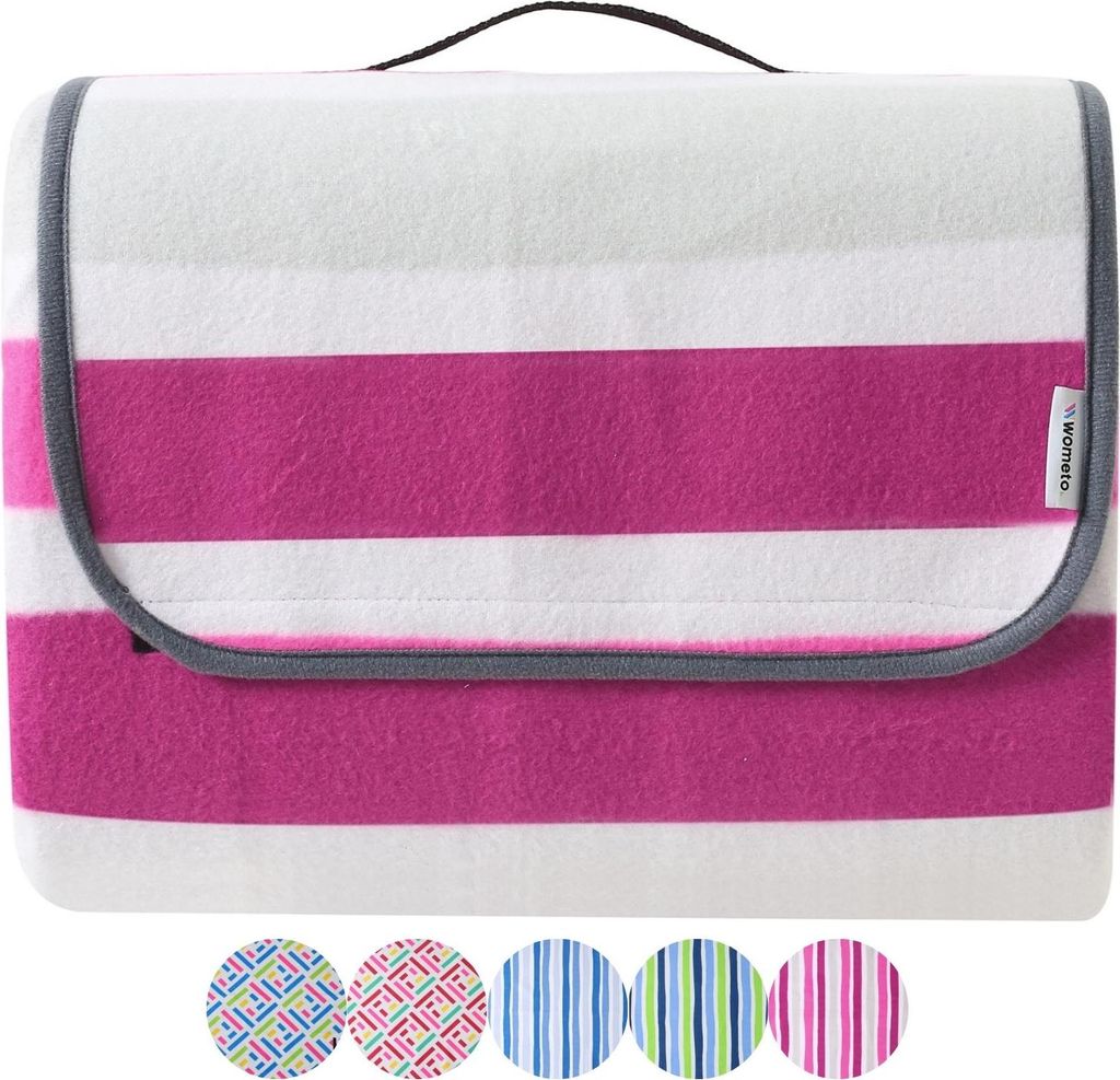 wometo eco-line Picknickdecke 100% recyceltes Fleece gesteppte Campingdecke XXL 200x200 Streifen pink rosa isoliert wasserdicht waschbar