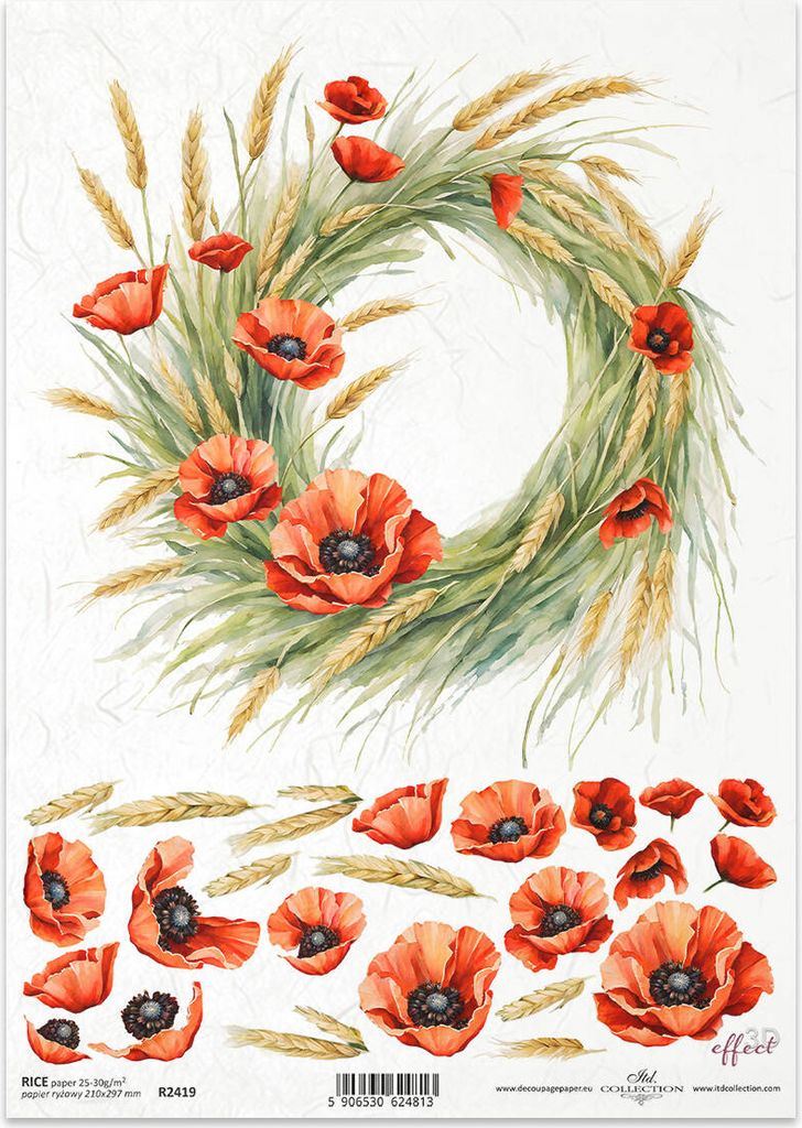 ITD Reispapier Decoupage Bastelpapier Serviettentechnik-R2419 Girlande aus Mohnblumen