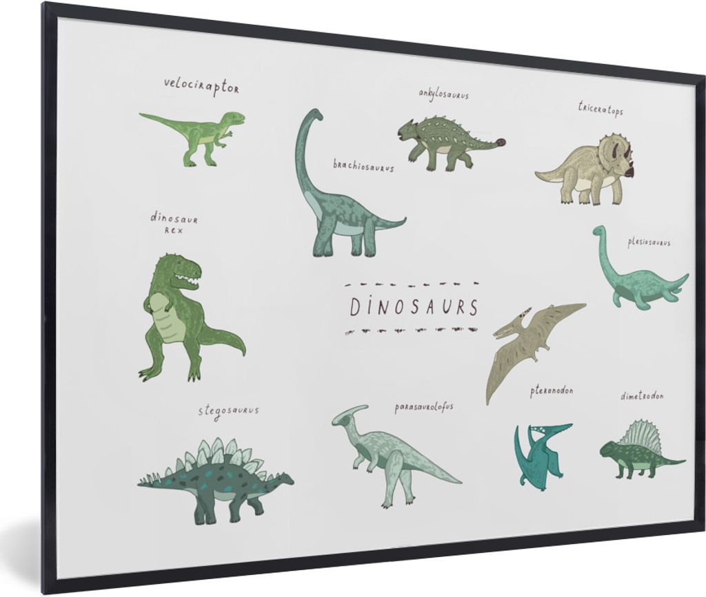 MuchoWow Gerahmtes Poster Kinderzimmer - Farben - Dinosaurier - Junge - Mädchen - Kind 90x60 cm - Poster mit Schwarzem Bilderrahmen Wandposter R...