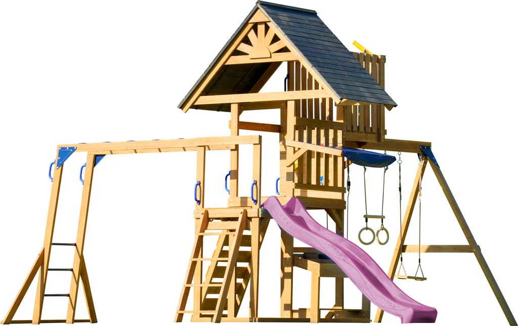 AXI Mitch Spielturm aus Holz in Braun mit Doppelschaukel | Spielplatz für Kinder mit Lila Rutsche, Schaukel, Trapez, Kletterwand, Aussichtsturm & ...