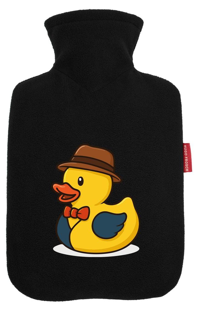 Huuraa Wärmflasche Quietscheente Verkauf Comic Gummiente 1,8 Liter Black Classic Veloursbezug Bettflasche Geschenkidee