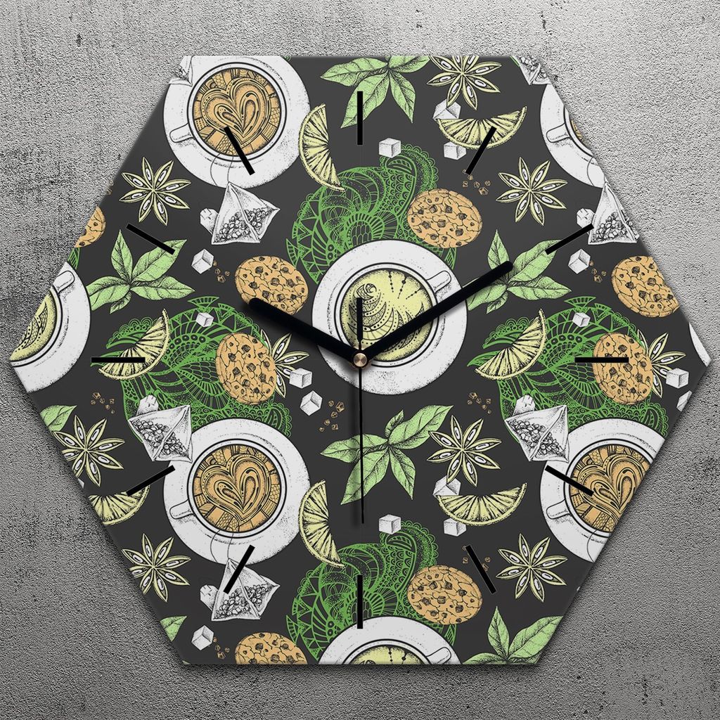 Uhr hexagonal 40 cm Glas Geräuschlos schwarze Zeiger - Tee Produktbild 