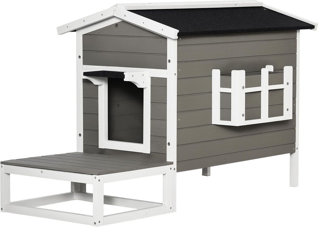 Katzenhaus aus Holz Winterfest wasserdicht Katzenhütte mit Asphaltdach Terrasse Katzenhöhle Katzenkiste Outdoor Schutzhütte für Draußen Garten...