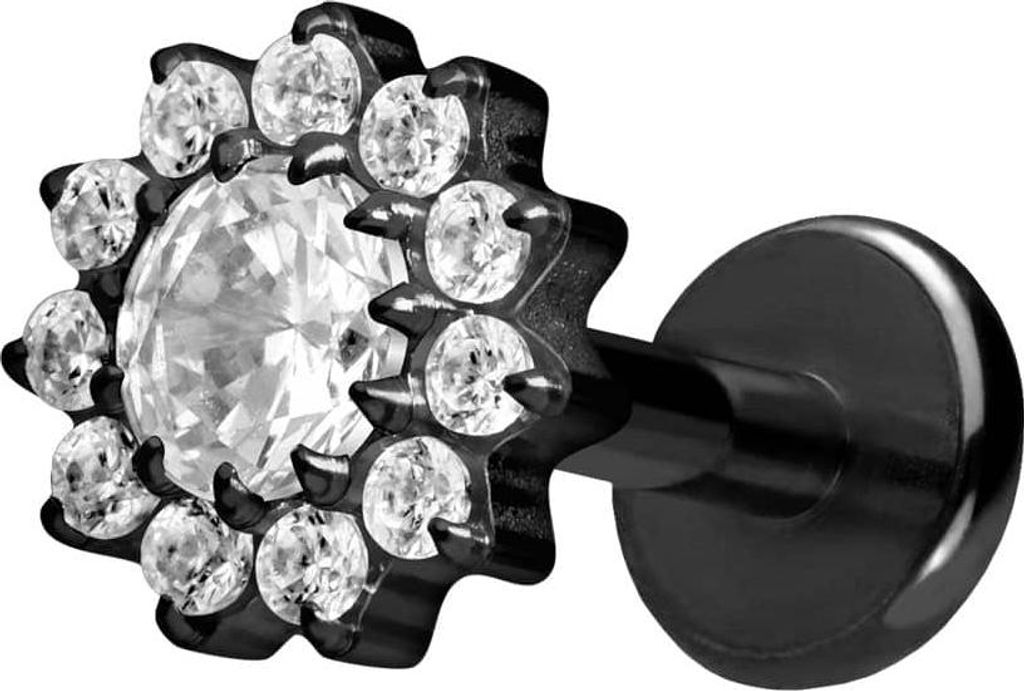 Ohrpiercing, Nasenpiercing Titan Labret mit Push Fit KRISTALLBLUME Schwarz Stablänge: 6mm | Stabstärke: 1,2mm