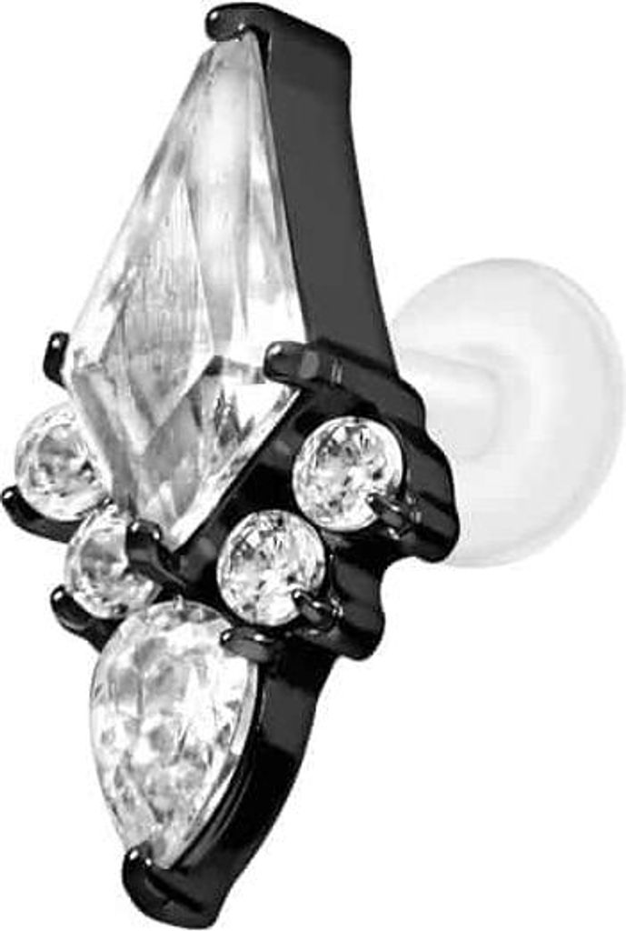 Ohrpiercing, Nasenpiercing PTFE Labret mit Innengewinde + Titan-Aufsatz KRISTALLSCHILD Schwarz Stablänge: 5mm | Stabstärke: 1,2mm