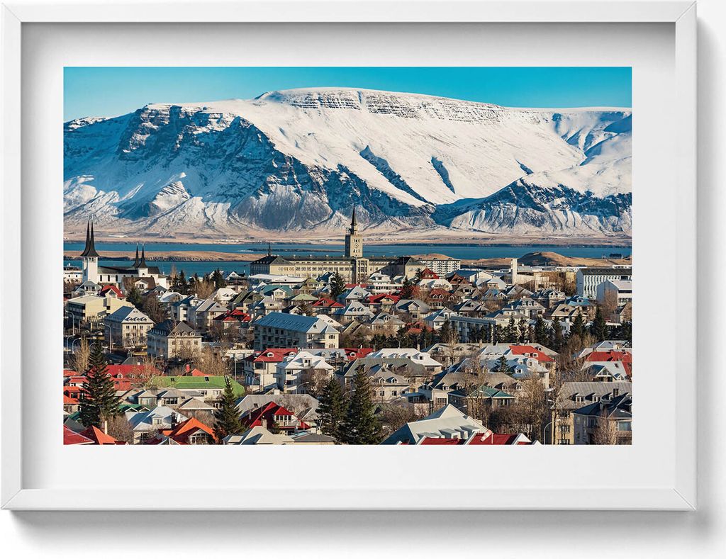Ansicht von Reykjavík Island– Wandbild mit Rahmen – Gerahmtes Bild – Wanddekoration – 70x50 cm – Schwarz Rahmen