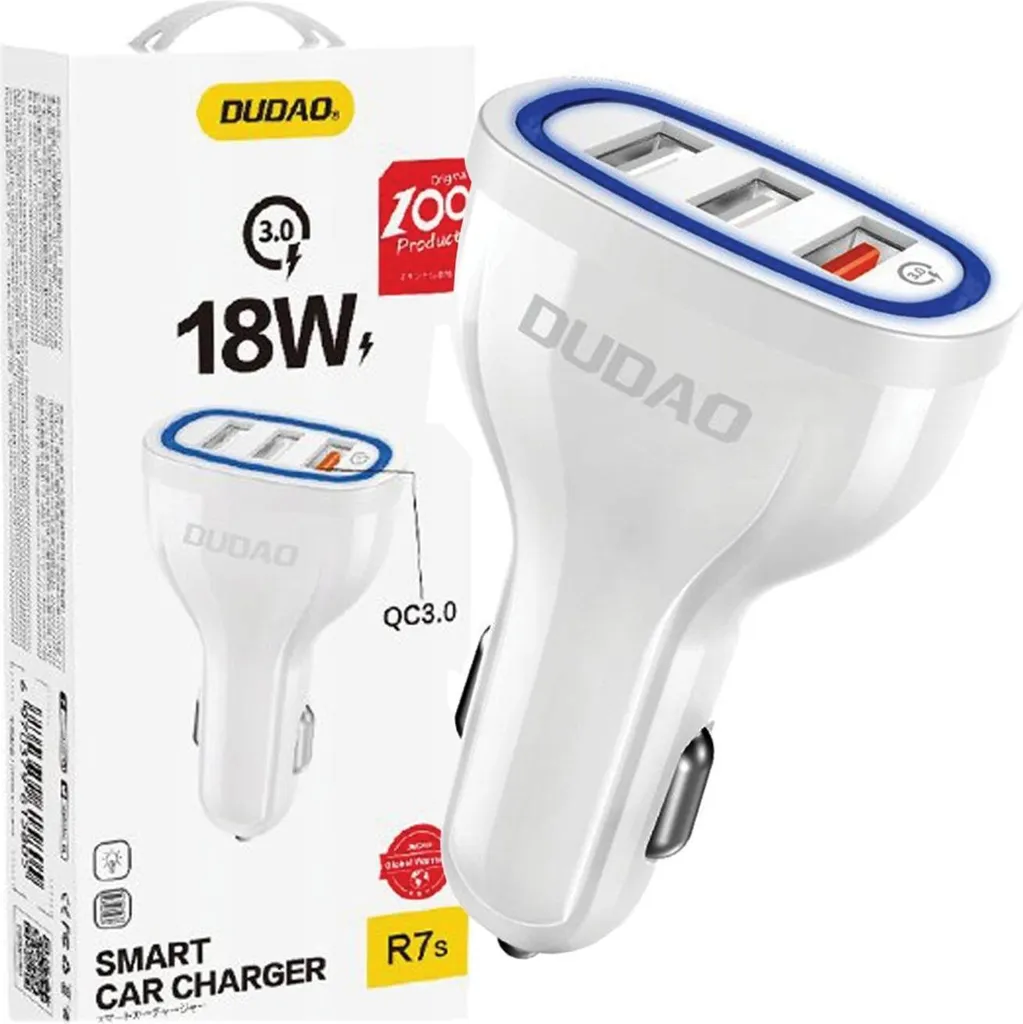 Caricatore Auto Dudao QC 3.0 3 Porte USB Bianco - Ricarica Rapida 18W
