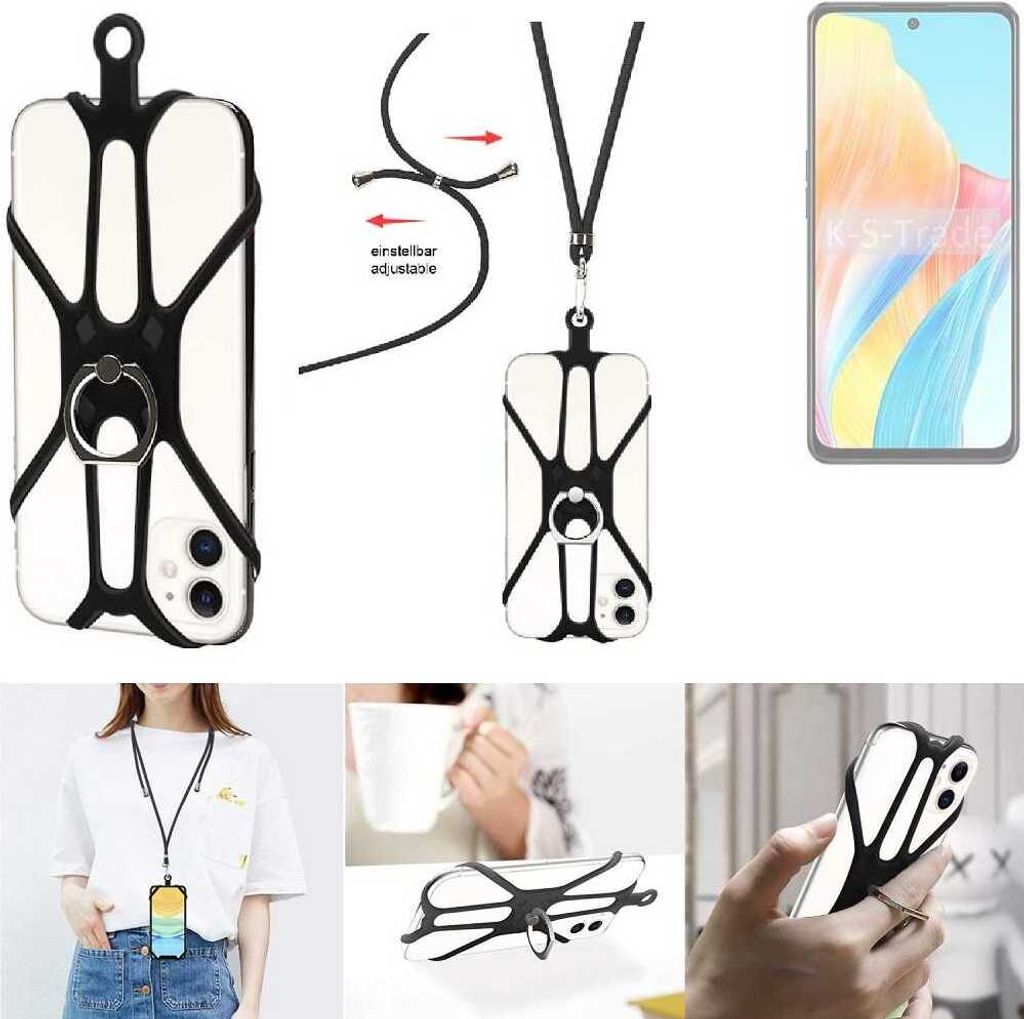K-S-Trade 3in1 Handykette Handyband Handykordel Halsband Smartphone-Ring Handy-Ring kompatibel mit Oppo A1i 5G Fingerhalterung Handyring Tischständer