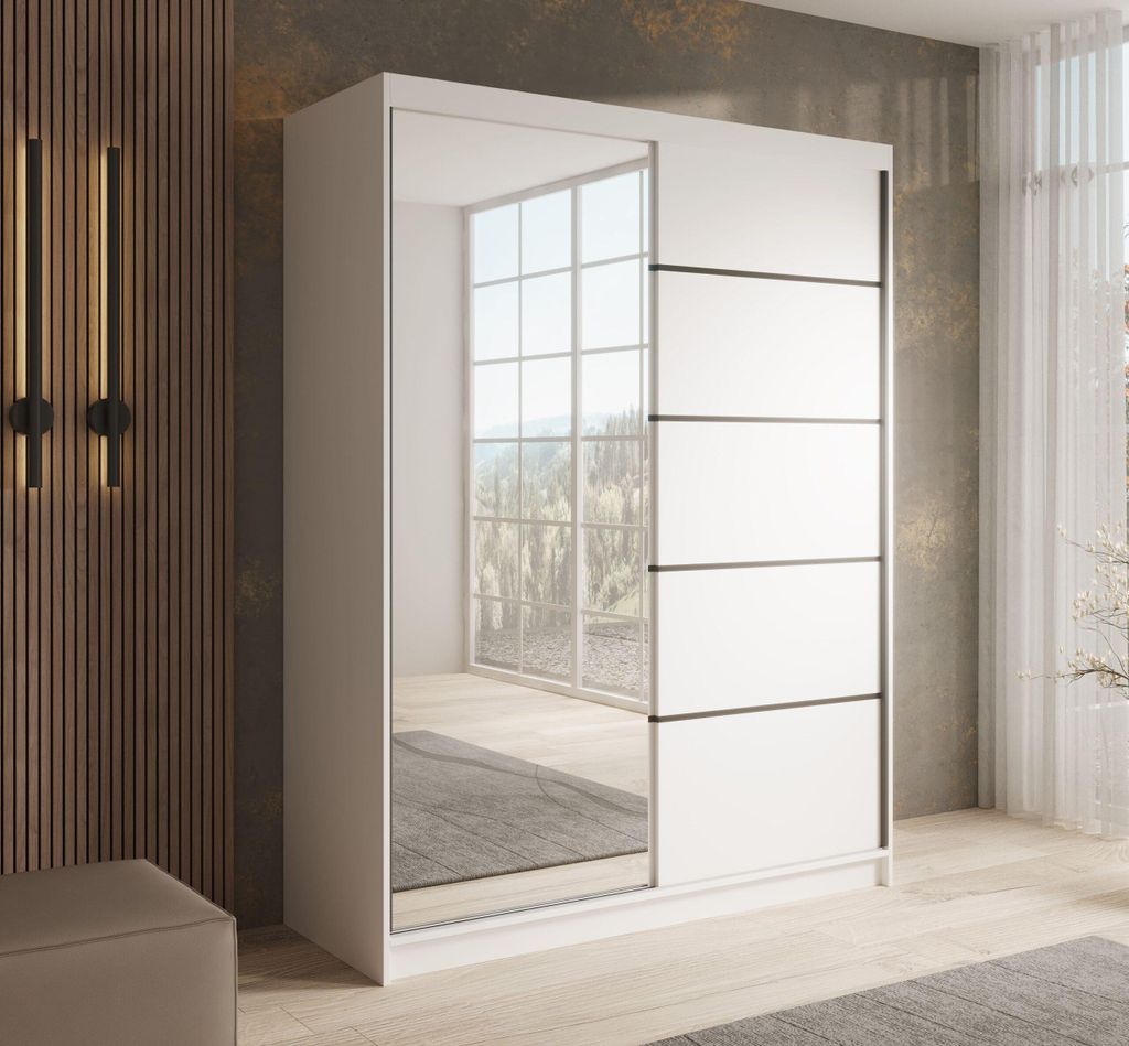 Schwebetürenschrank 2-türig Schrank, Spiegeltür,Garderobe Schiebtüren Schlafzimmer - Schiebetürenschrank CAMBRIA 150 - Weiß