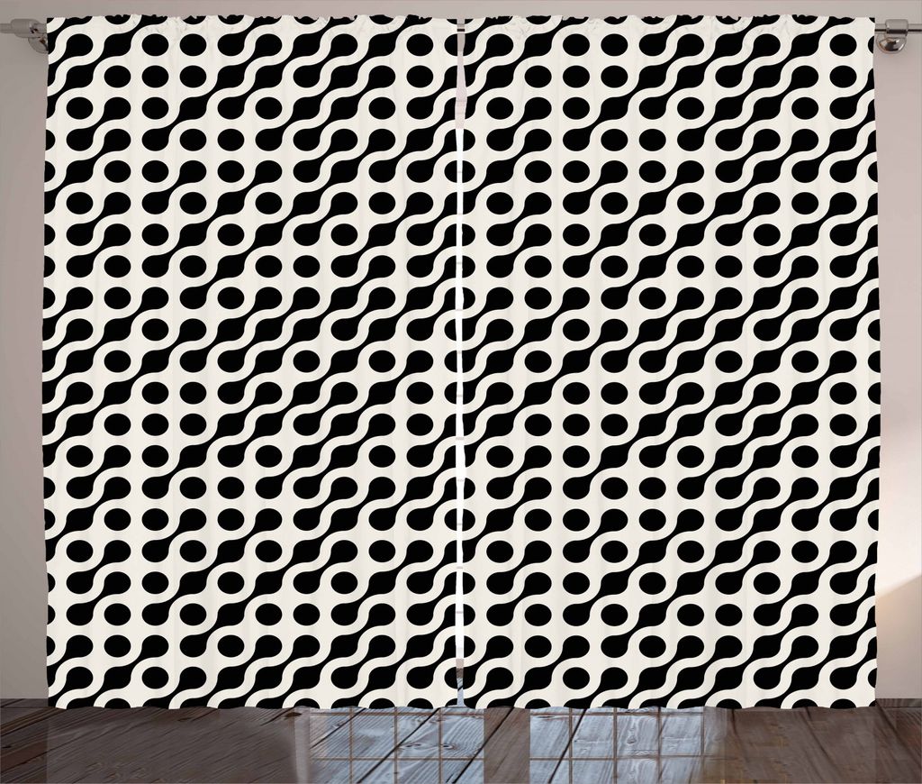 ABAKUHAUS Schwarz und weiß Rustikaler Vorhang, abgerundete Kreise, Wohnzimmer Universalband Gardinen mit Schlaufen und Haken, 280 x 245 cm, Schwar...