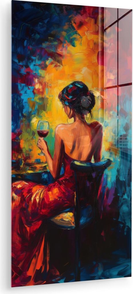 MuchoWow Glasbilder - Bilder auf Wandbild - Foto auf Glas Wein - Frau - Stimmungsvoll - Farbenfroh 60x120 cm Wanddekoration aus Glas - Acrylglasbil...