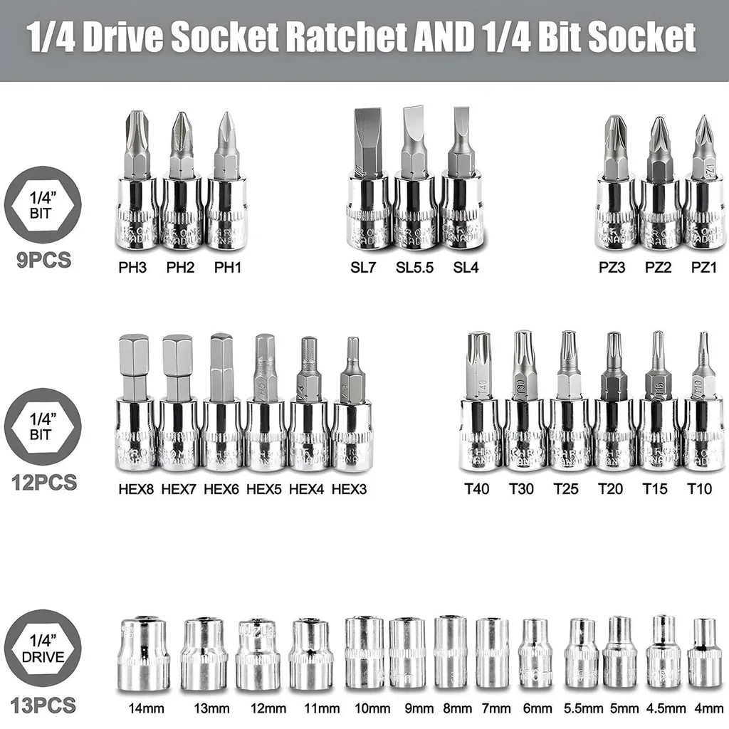 Coffret de douilles 46 pièces en acier chrome avec cliquet réversible