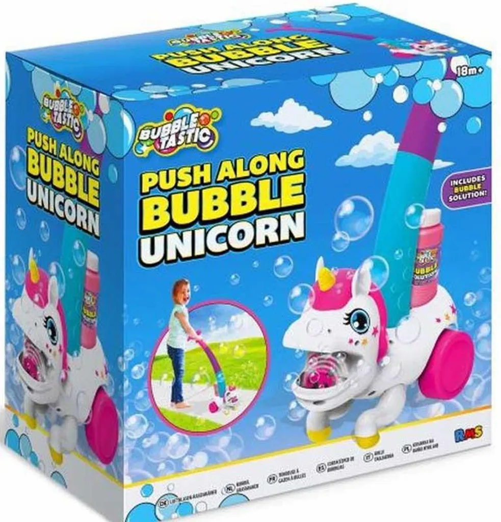 Pousseur à bulles de savon pour enfant - Chariot licorne multicolore 50cm