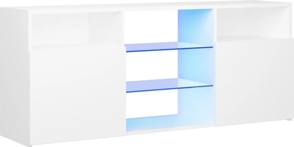 A white media console with blue LED lighting.