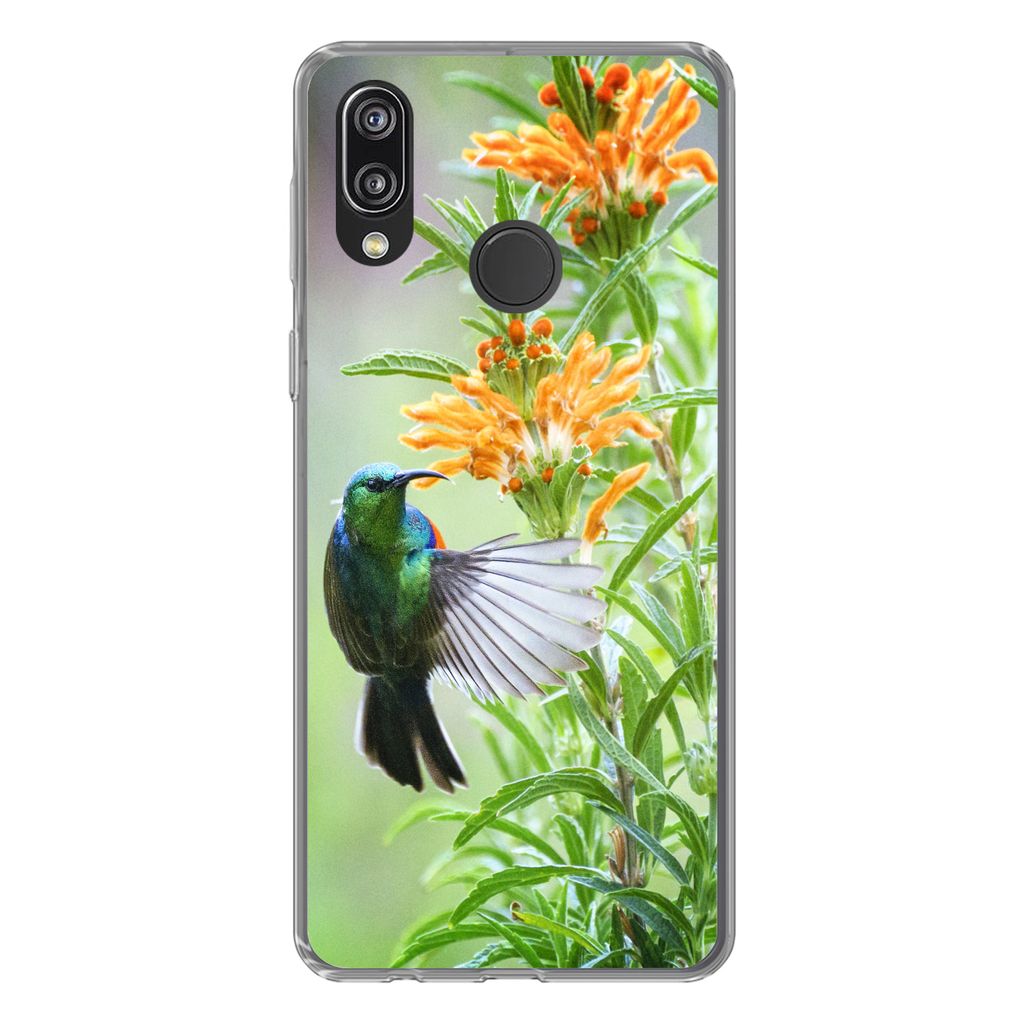 MuchoWow Handyhülle Schutzhülle Hülle für Huawei P20 Lite (2020) Nahaufnahme eines bunten Vogels neben Pflanzen mit orangefarbenen Blüten Si...