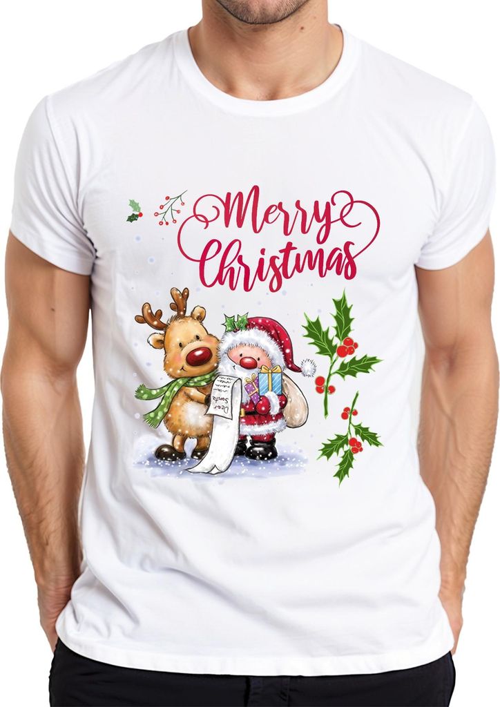 Merry Christmas Santa Rentier Wunschliste Mistelzweig - Weihnachten Weihnachtsgeschenk Herren T-Shirt, Weiß, XXL