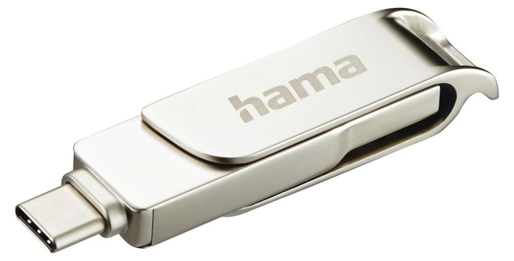 A silver USB stick with a rotating cap and a USB-C connector.