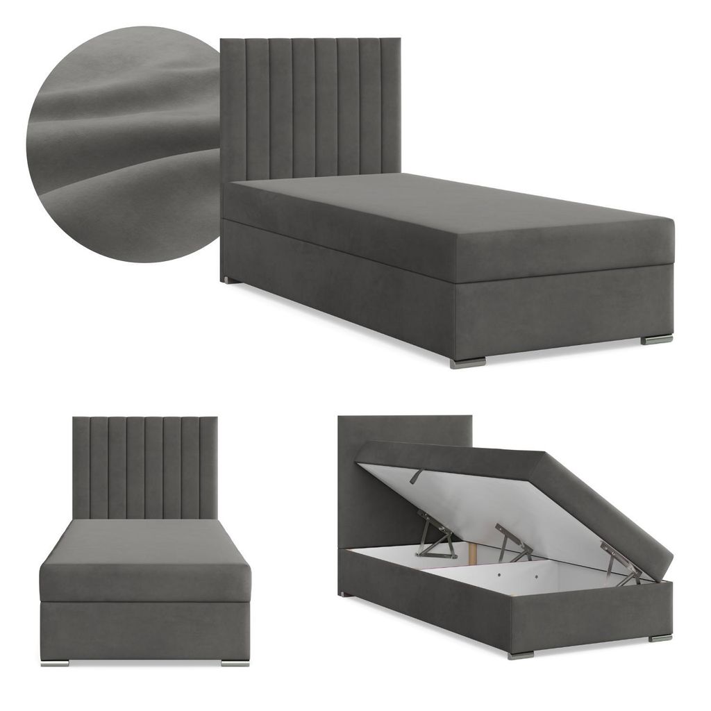 Boxspringbett mit Bettkasten, Einzelbett 90x200, mit Kopfteil, mit Bonell Matratze, Jugendbett, Kinderbett, Samt-Velours, AGEN, Grau, Dunkelgrau