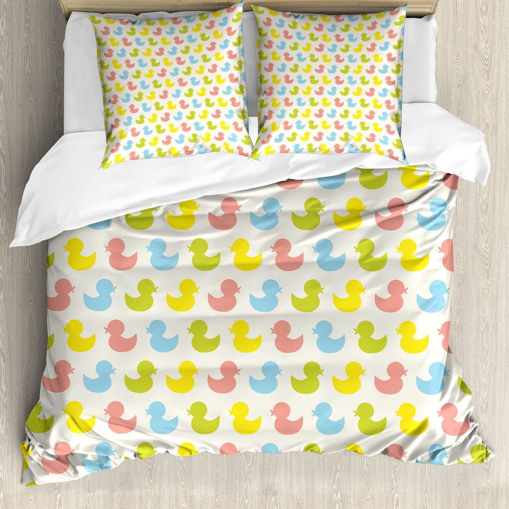 ABAKUHAUS Badeente Bettbezugs Set Für Doppelbetten, Bunte Baby Kunst, Milbensicher Allergiker geeignet mit Kissenbezügen, Gelb Grün Rosa und Blau