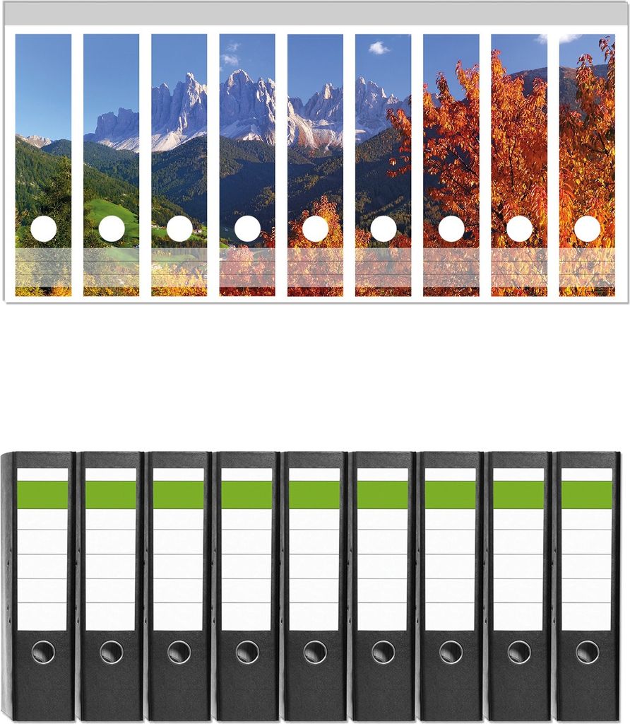 Wallario 9 Stück breite Ordner inkl. Klebeetiketten mit Motive Herbst im Gebirgstal unter blauem Himmel - Set mit Rückenschildern / Ordnerrücken...