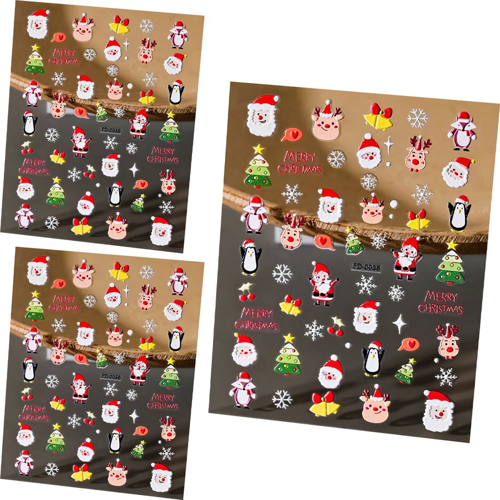 3 Blatt 5D-Nagelkunstaufkleber mit Weihnachtsmotiv, Schneemann, Weihnachtsmann, Elchmuster, selbstklebende Aufkleber für die DIY-Maniküre