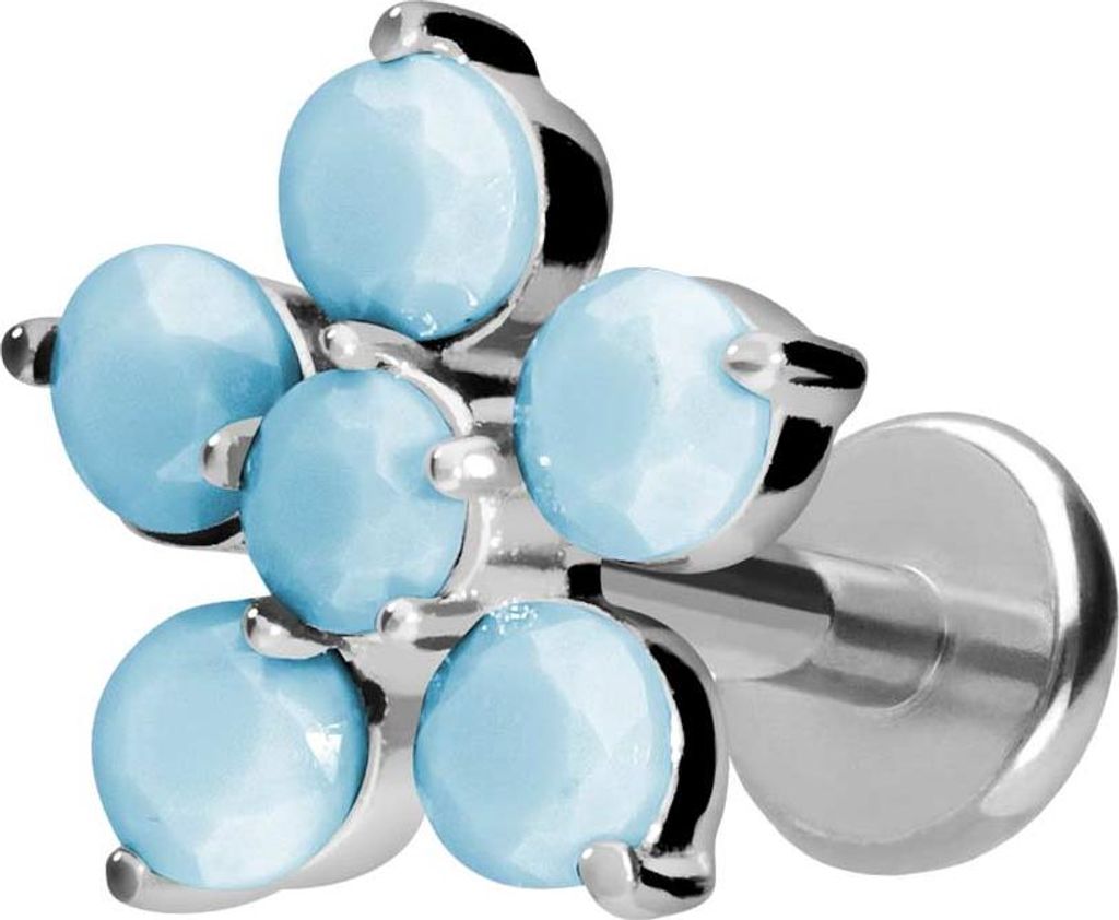 Ohrpiercing, Nasenpiercing Titan Labret mit Push Fit BLUME + SYNTHETISCHE TÜRKISE Silber Stablänge: 9mm | Stabstärke: 1,2mm
