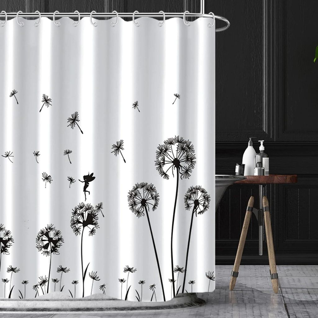 Löwenzahn-Duschvorhang, 152 x 183 cm, schwarz-weiße fliegende Löwenzahnblüten, Duschvorhang mit Blumenmuster, wasserdicht, waschbarer Badvorhan...