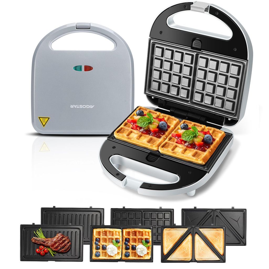 Aigostar 3-in-1-Kombi-Waffeleisen 750 W Sandwichmaker, 3 Austauschbare Platten, Beidseitiges Grillen, Antihaftbeschichtet, Automatisches Thermostat