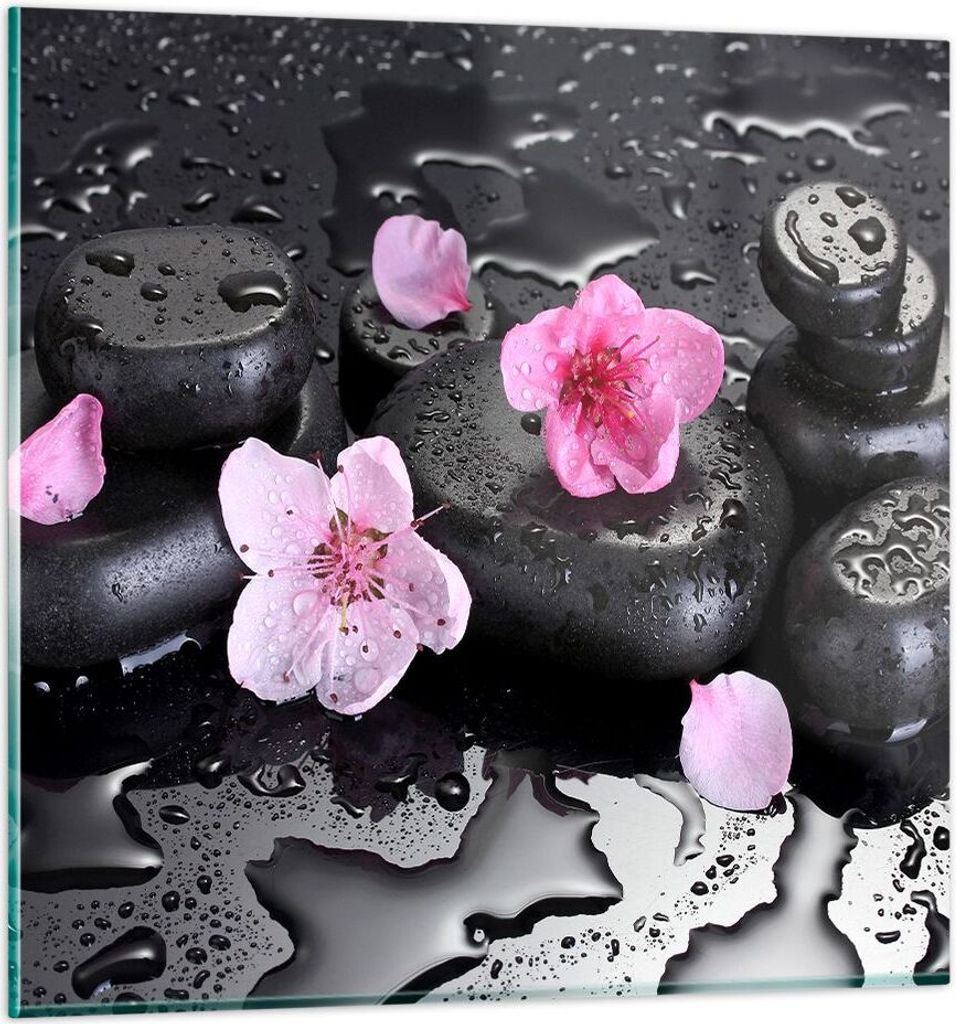 Bilder auf glas - Blumen Steine Tropfen Spa - 70x70cm - Glasbilder - Wandbilder - Kunstdruck - zum Aufhängen bereit - Wanddekoration aus Glas - Gl...