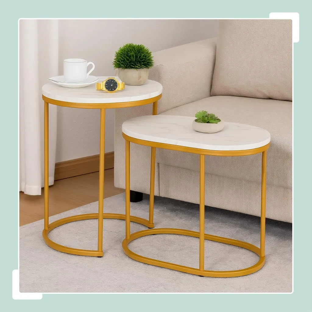 Table basse gigogne effet marbre blanc et noir pour salon moderne