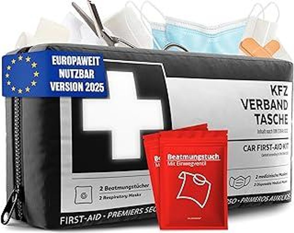 KFZ Verbandstasche nach aktueller Norm 2026 inkl. Beatmungstüchern - KFZ Verbandskasten europaweit nutzbar - Erste Hilfe Set Verbandkasten DIN 131...