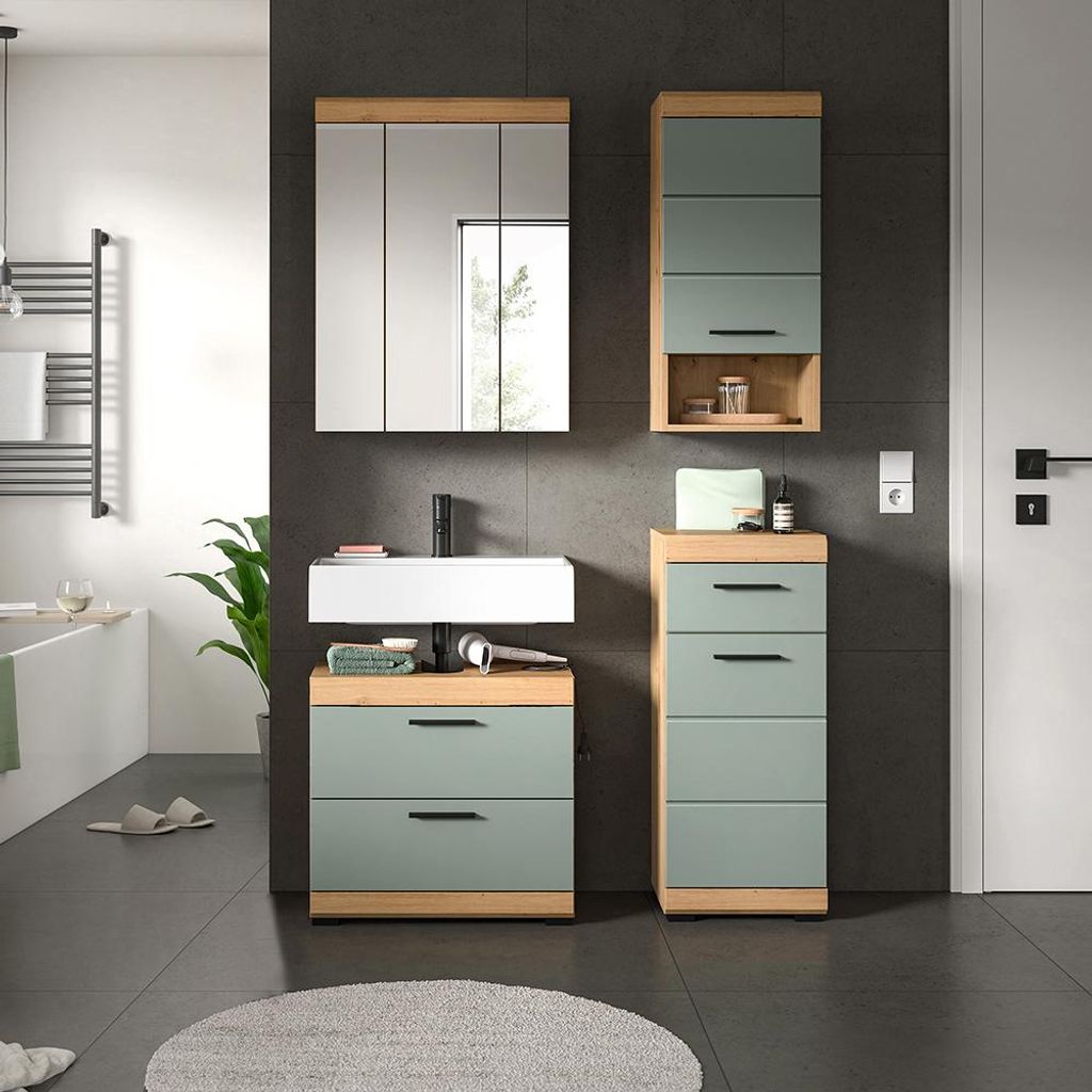Badezimmer-Set 4-teilig in Artisan Eiche mit Salbei, mit Spiegelschrank - SIROCO-158