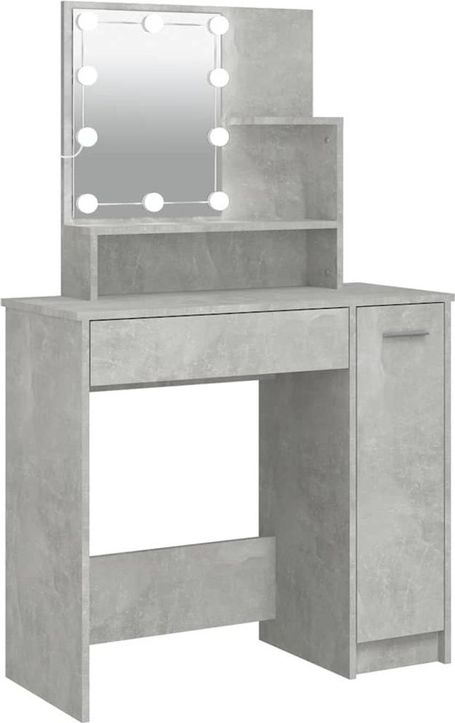 A vanity table with a mirror and LED lights.