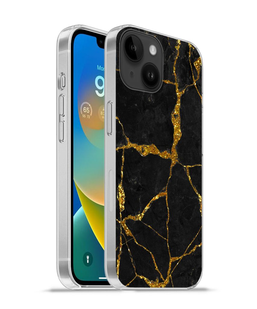 MuchoWow Handyhülle Schutzhülle Hülle für Apple iPhone 14 - Softcase Marmor - Gold - Schwarz - Marmoroptik - Glitter Silikon Softcase Handy H...