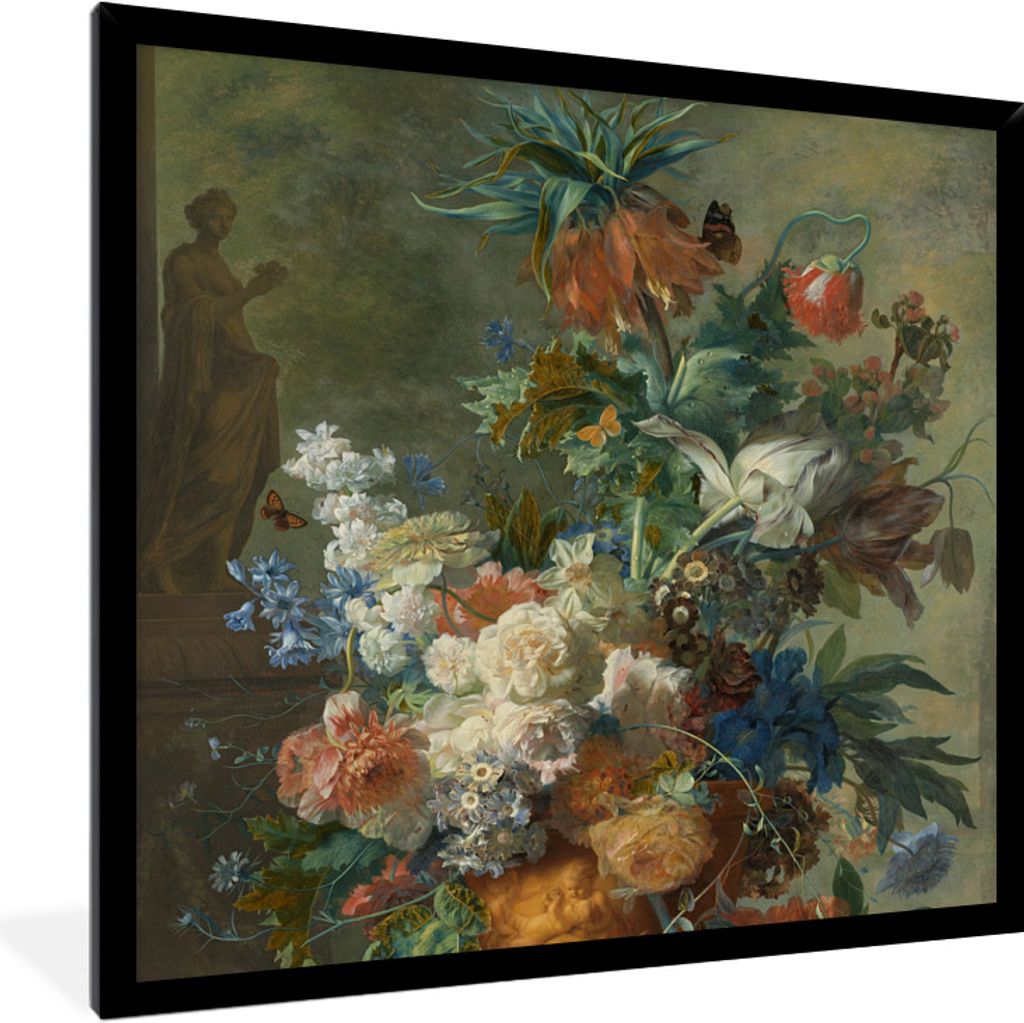 MuchoWow Gerahmtes Poster Stillleben mit Blumen - Gemälde von Jan van Huysum 40x40 cm - Poster mit Schwarzem Bilderrahmen Wandposter Rahmen Foto...