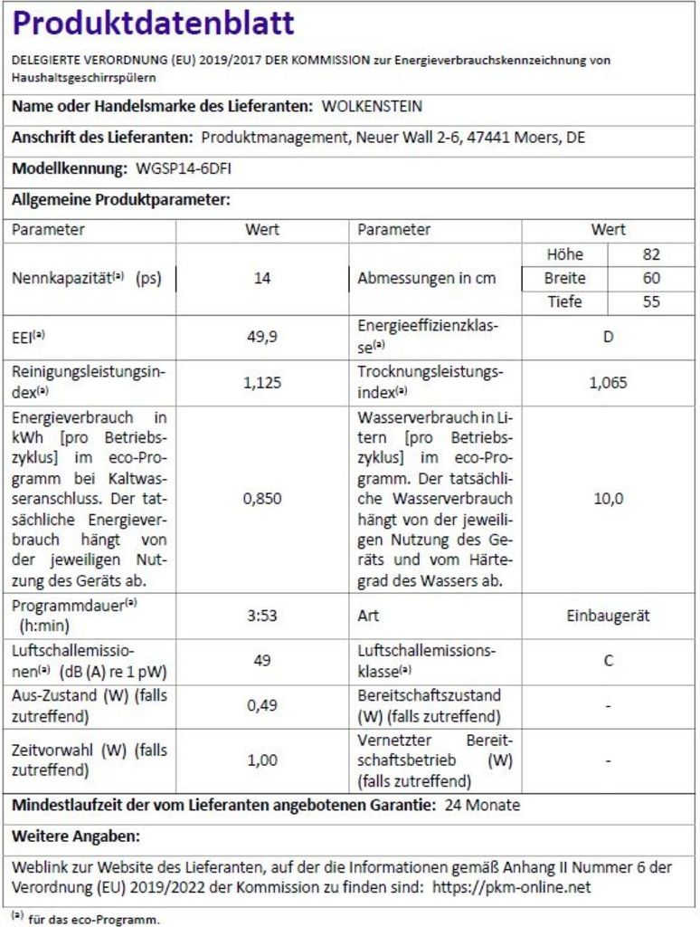 Wolkenstein WGSP14-6DFI Geschirrspüler, vollintegriert 60cm Produktbild 6