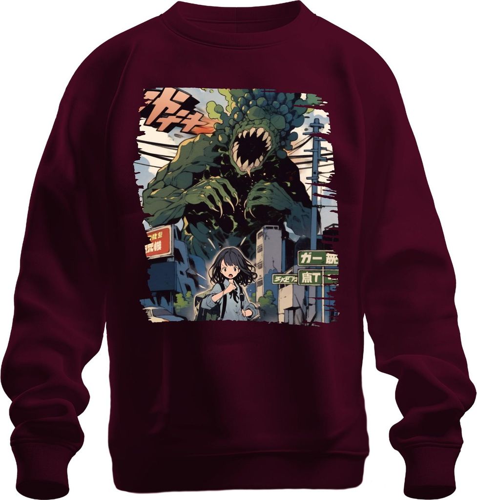 Kaiju Angriff Schulmädchen Monster Apokalypse Stadt Anime Manga Uni Sweatshirt Pullover, Burgundy, L