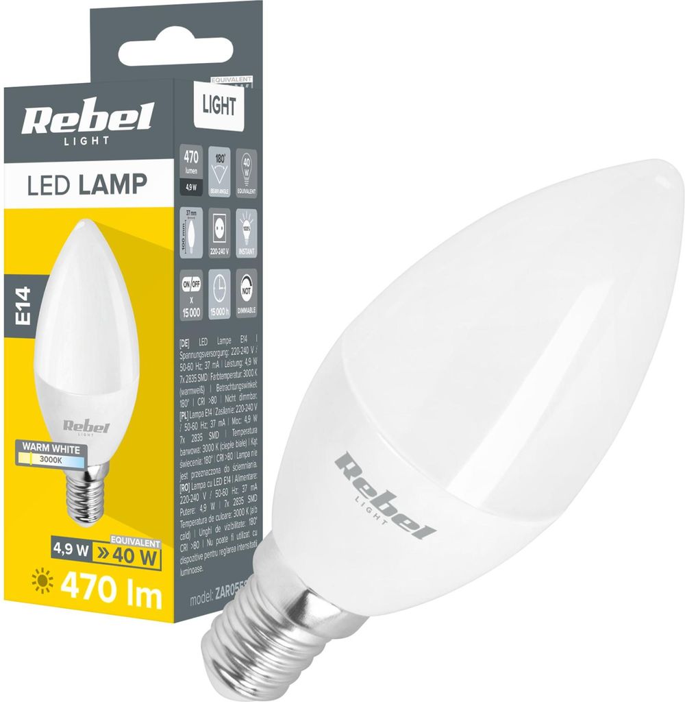 Rebel LED-Lampe 5W, 3000K, E14, warmweiß, energie.