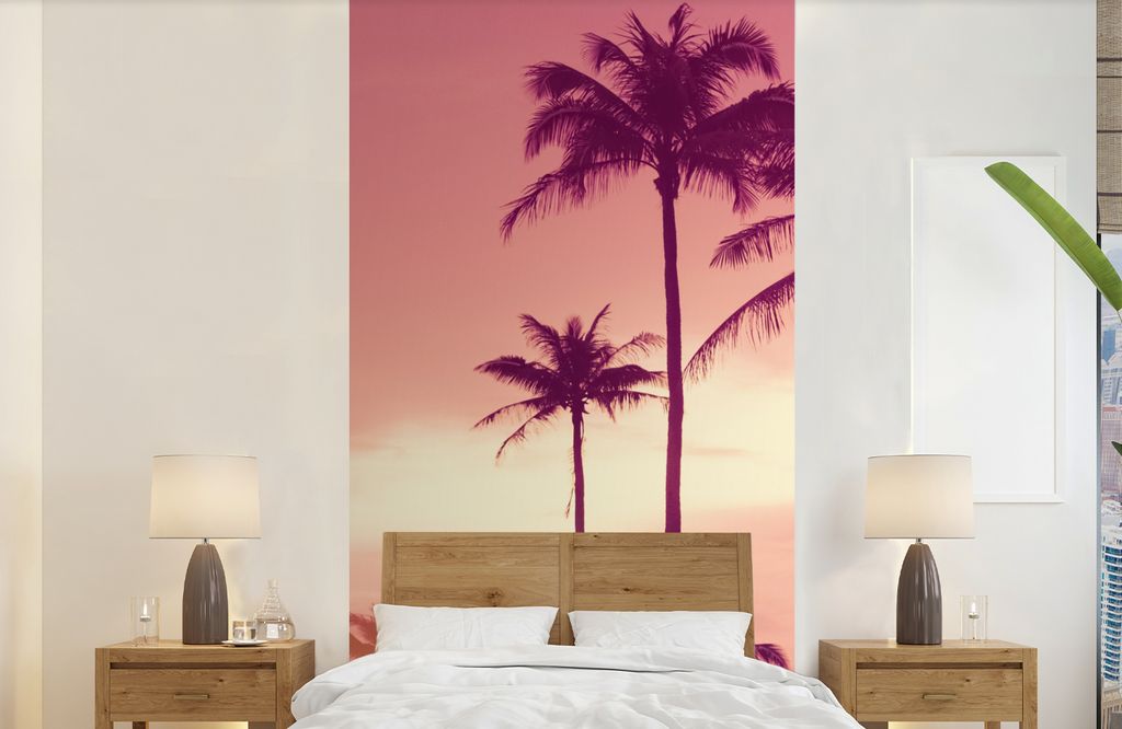 MuchoWow Fototapete für Wohnzimmer oder Schlafzimmer Wandtapete Vinyl Motivtapete Himmel - Palme - Abend - Natur - Tropisch - 120x240 cm - Hinte...