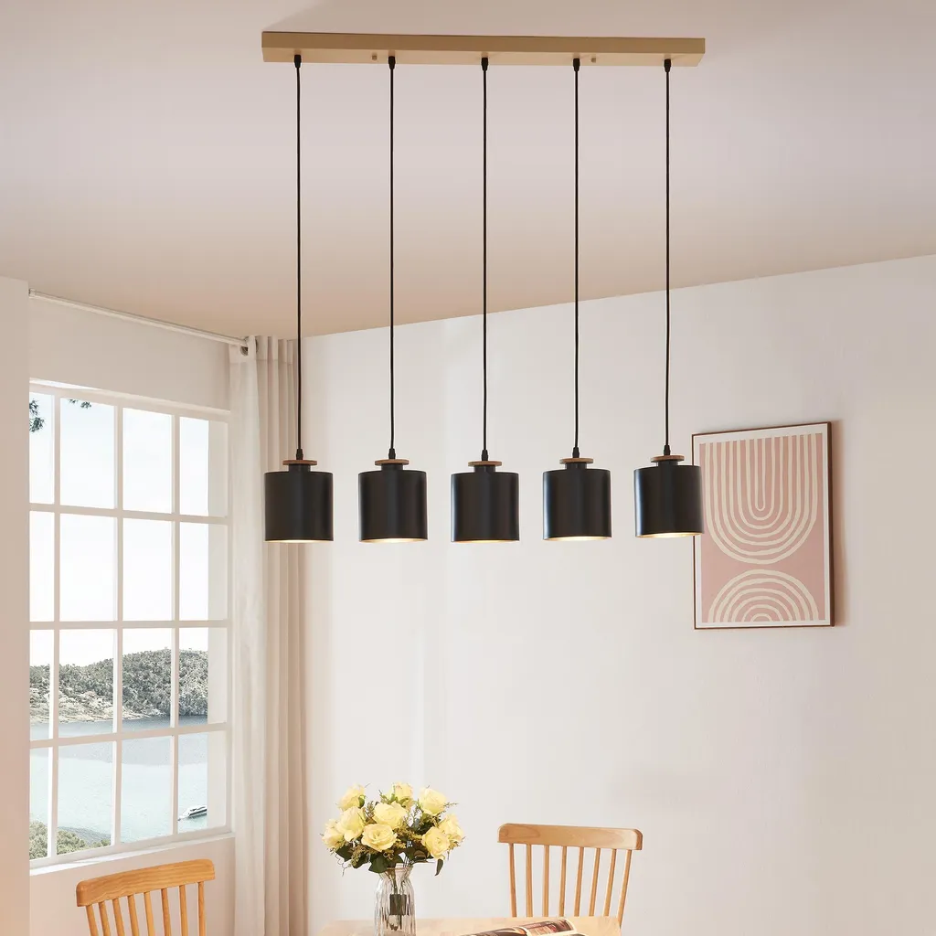 Suspension Posdand 5 flammes en bois et métal noir 130 x 90 cm