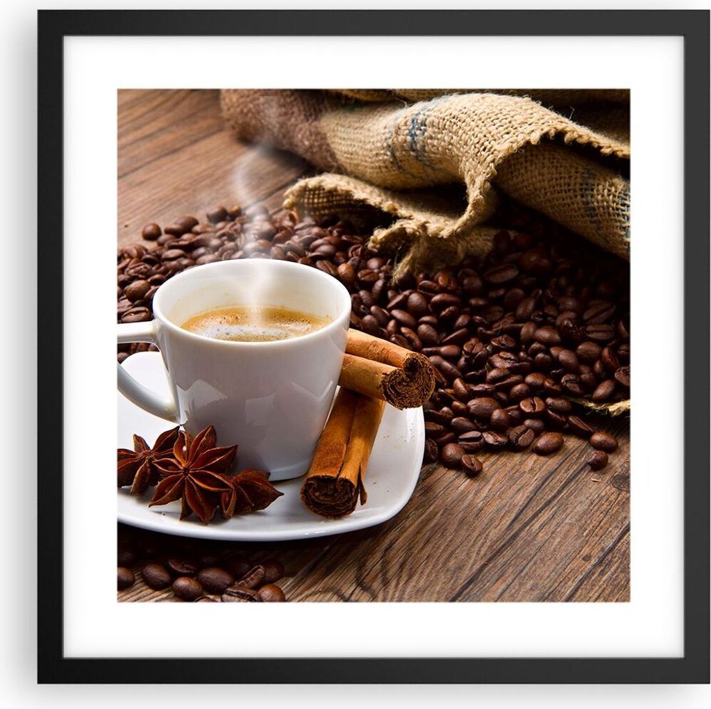 Gerahmtes Poster - Schwarzer Rahmen - Kaffee schwarz Frühstück Schokolade - 40x40 cm - Wand Bild - Wanddeko - Wandbilder - Wandposter - Bilderrah...