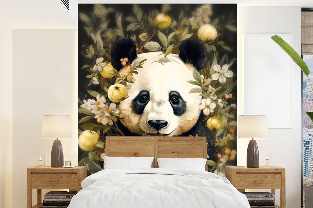 MuchoWow Fototapete für Wohnzimmer oder Schlafzimmer Wandtapete Vinyl Motivtapete Panda - Pandabär - Wildtiere - Blumen - 160x220 cm - Bildschi...